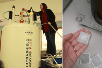 A scientist adjusting cables on a large white tank. Close up of square glass samples and testing machine.